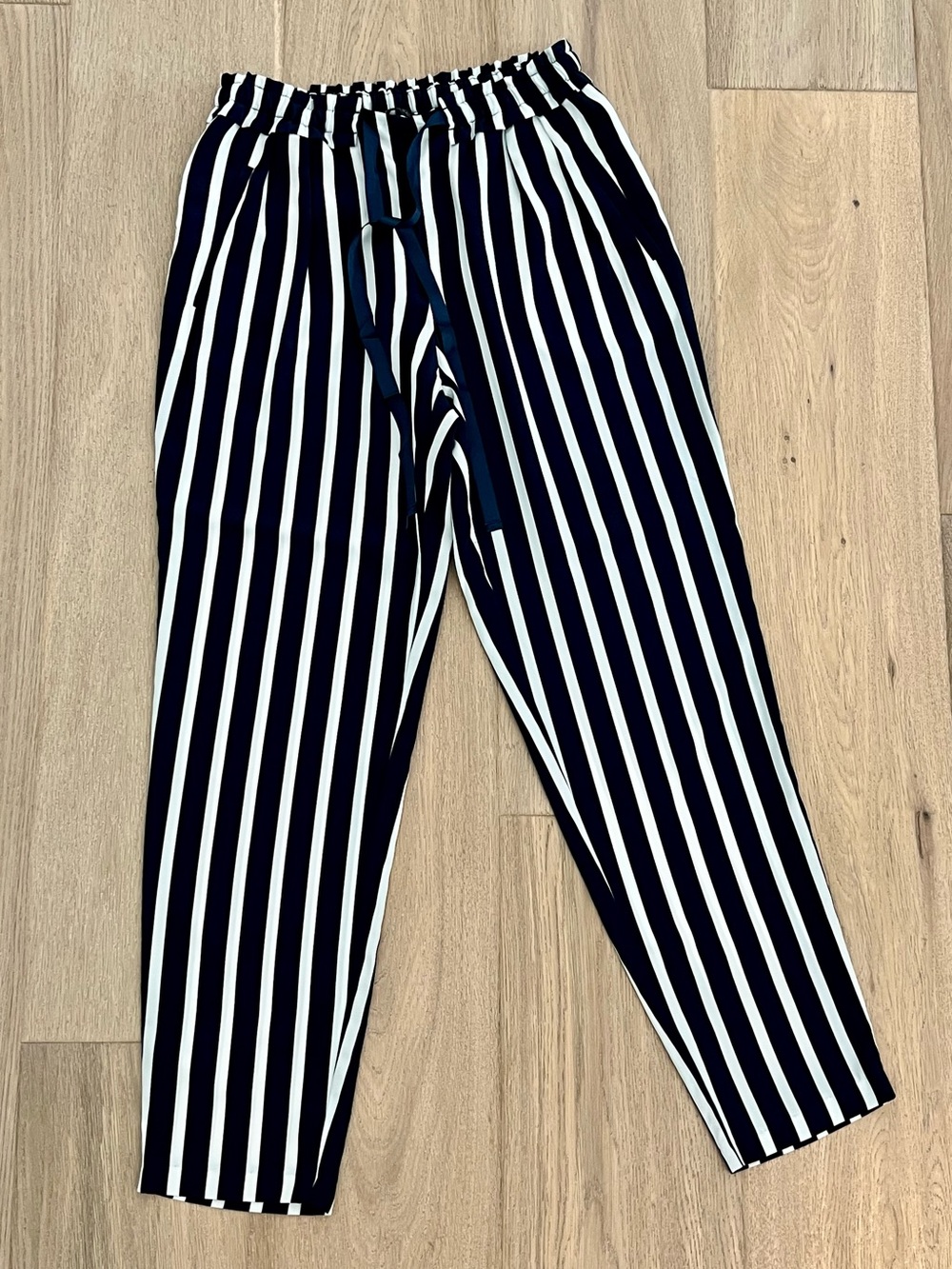 Zara Navy and White Vertical Stripe Drawstring pants. S.